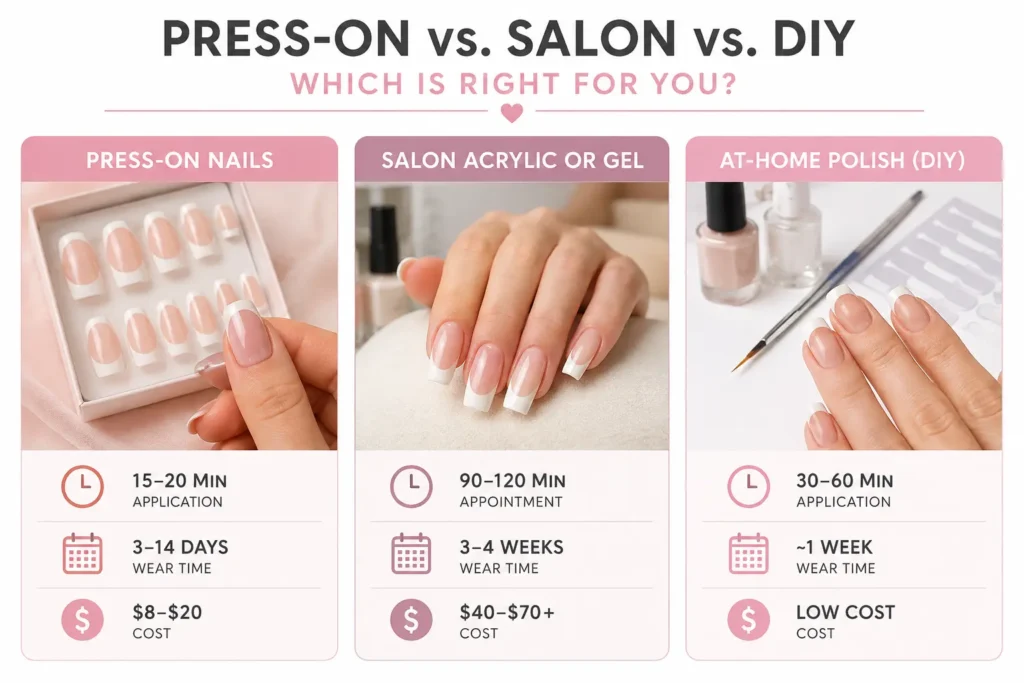 press-on vs. salon vs. diy white french tip nails