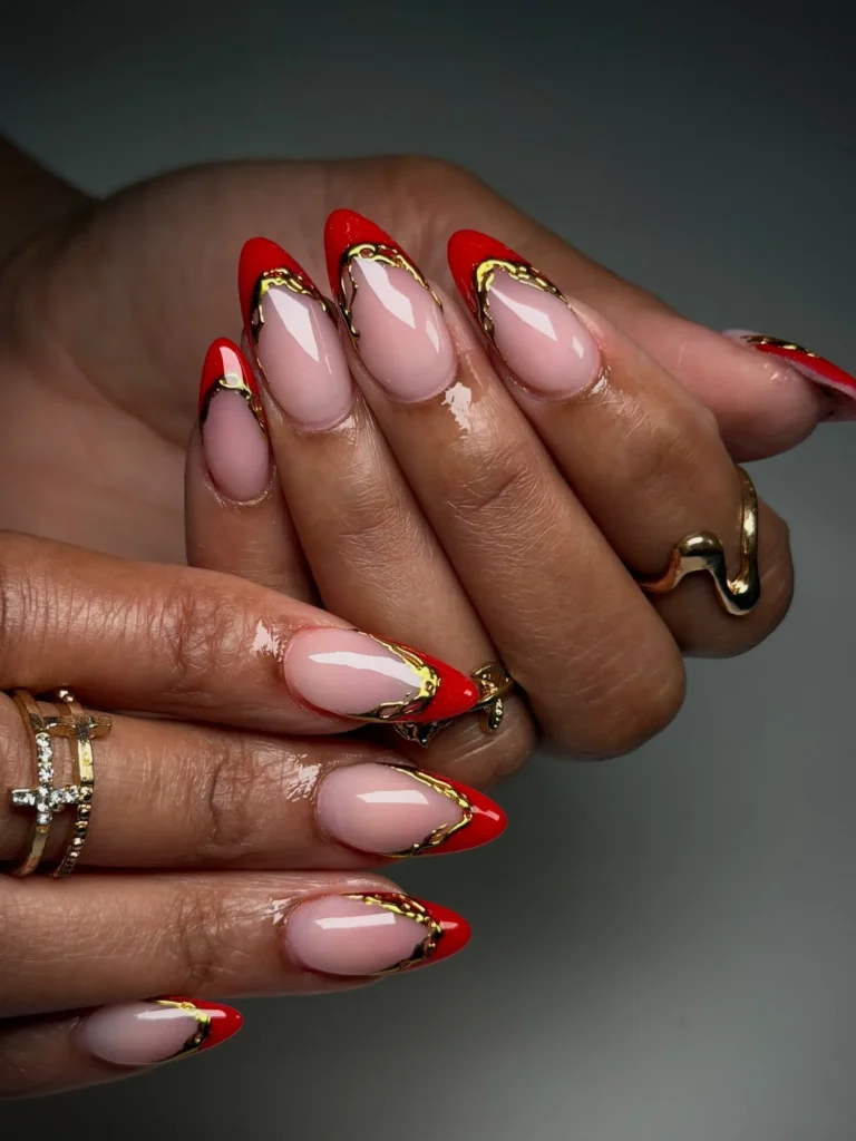 red and gold chrome french tip nails
