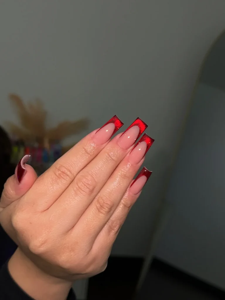 red cat-eye french tip nails