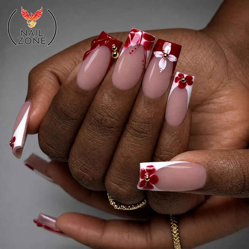 red floral french tip nails