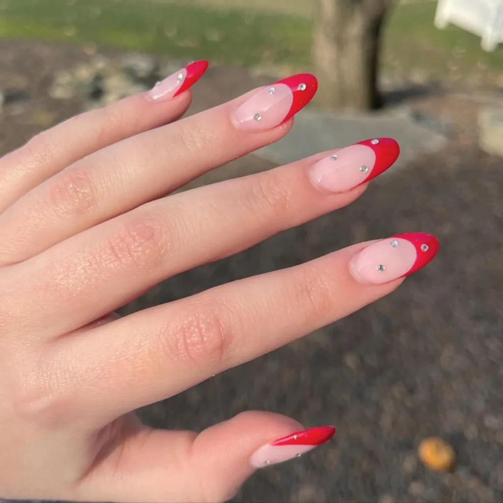 rhinestone red french tip nails