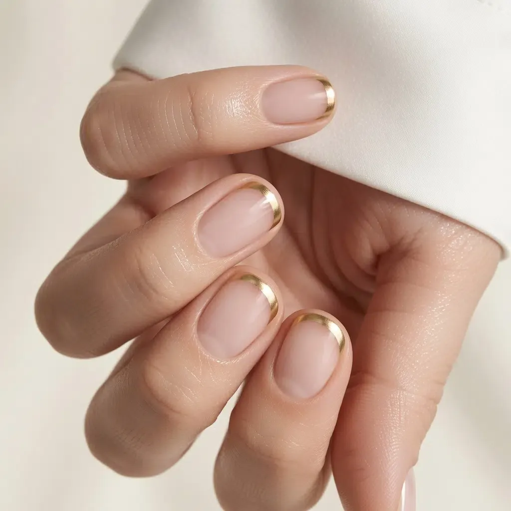 sheer golden short french tip nails