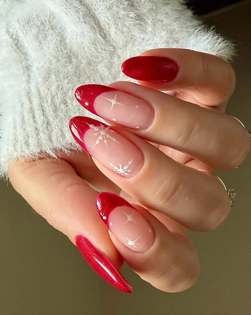 snowflake accents red french tip nails
