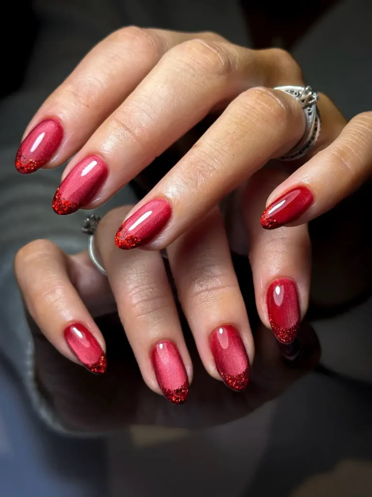 sparkle drip red french tip nails
