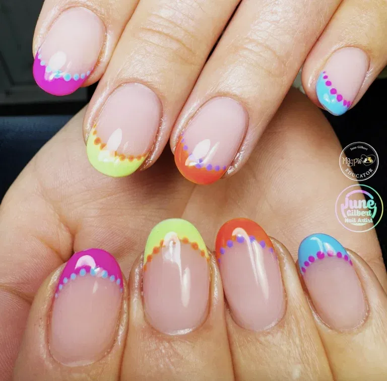 summer neon rainbow short french tip nails