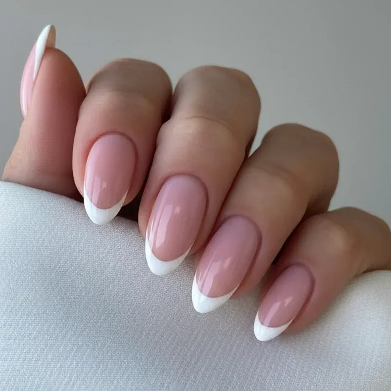 thin-line almond short french tip nails