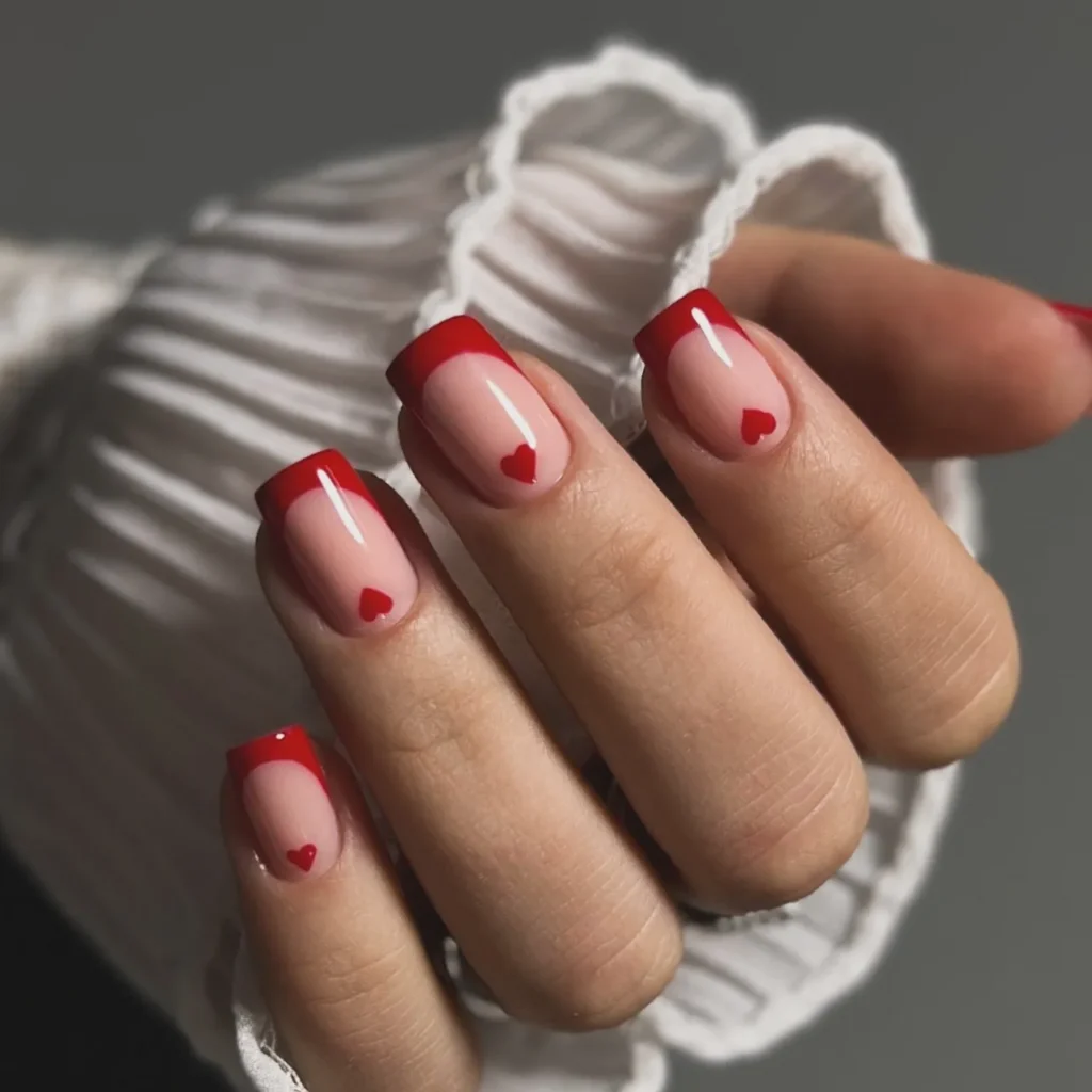 tiny hearts red french tip nails