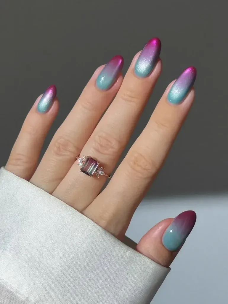 turquoise and magenta fade french omber nails