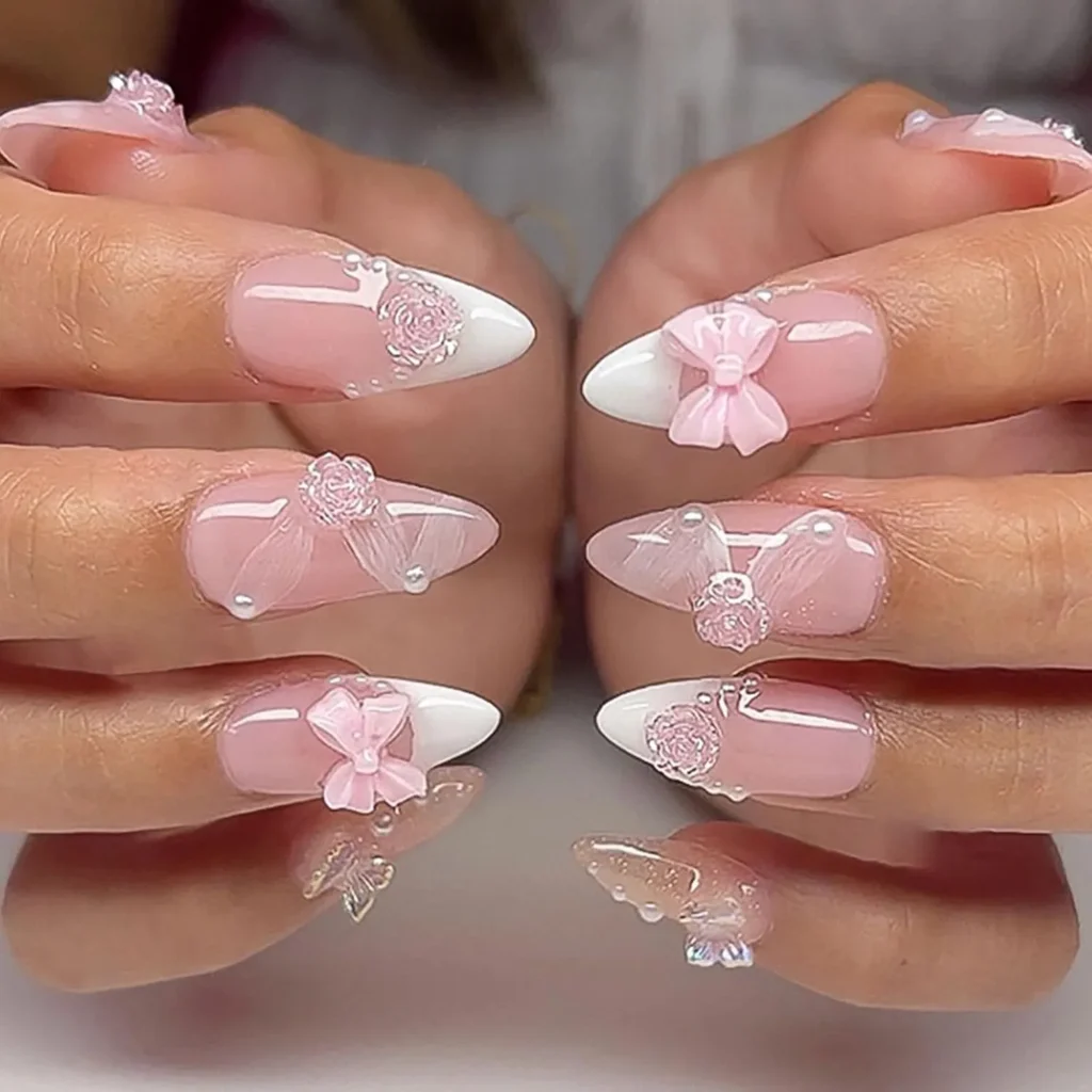 white french tip nail designs with 3d pearl
