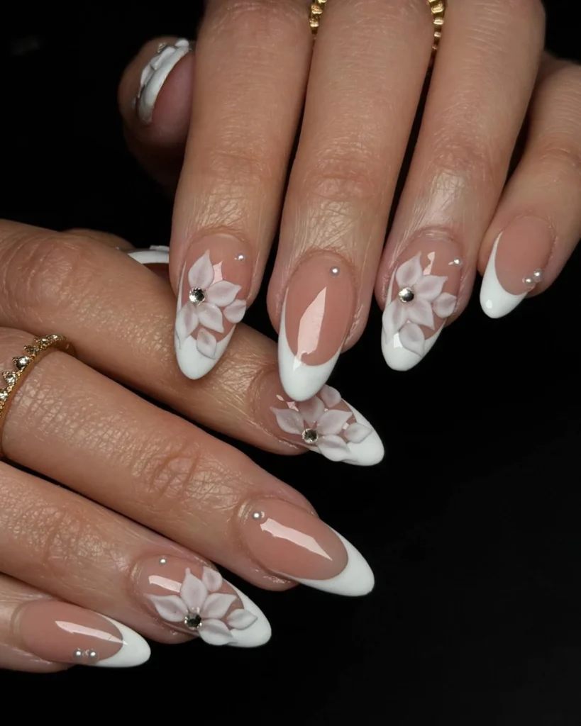 white french tip nail designs with blossoming french manicure