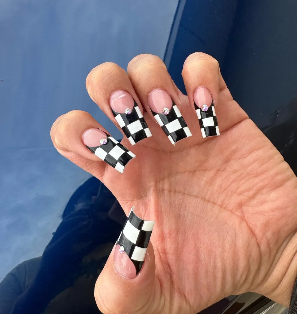 white french tip nail designs with checkerboard