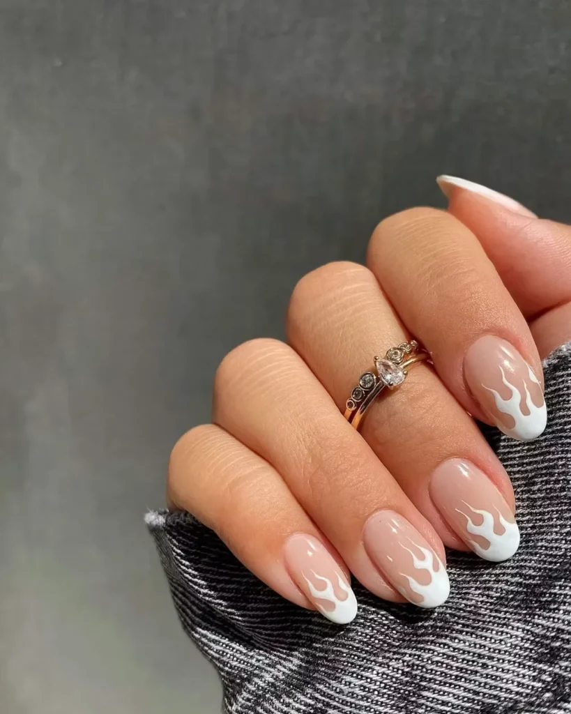 white french tip nail designs with flame