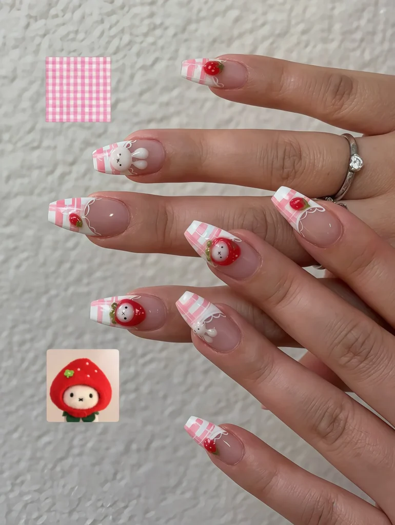white french tip nail designs with gingham girl
