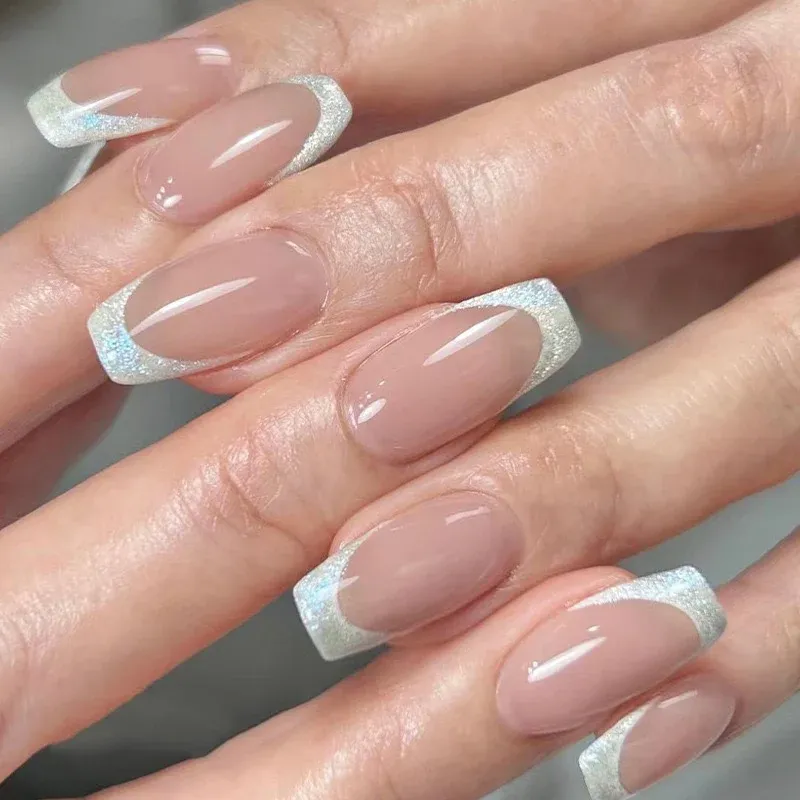 white french tip nail designs with glitter edge