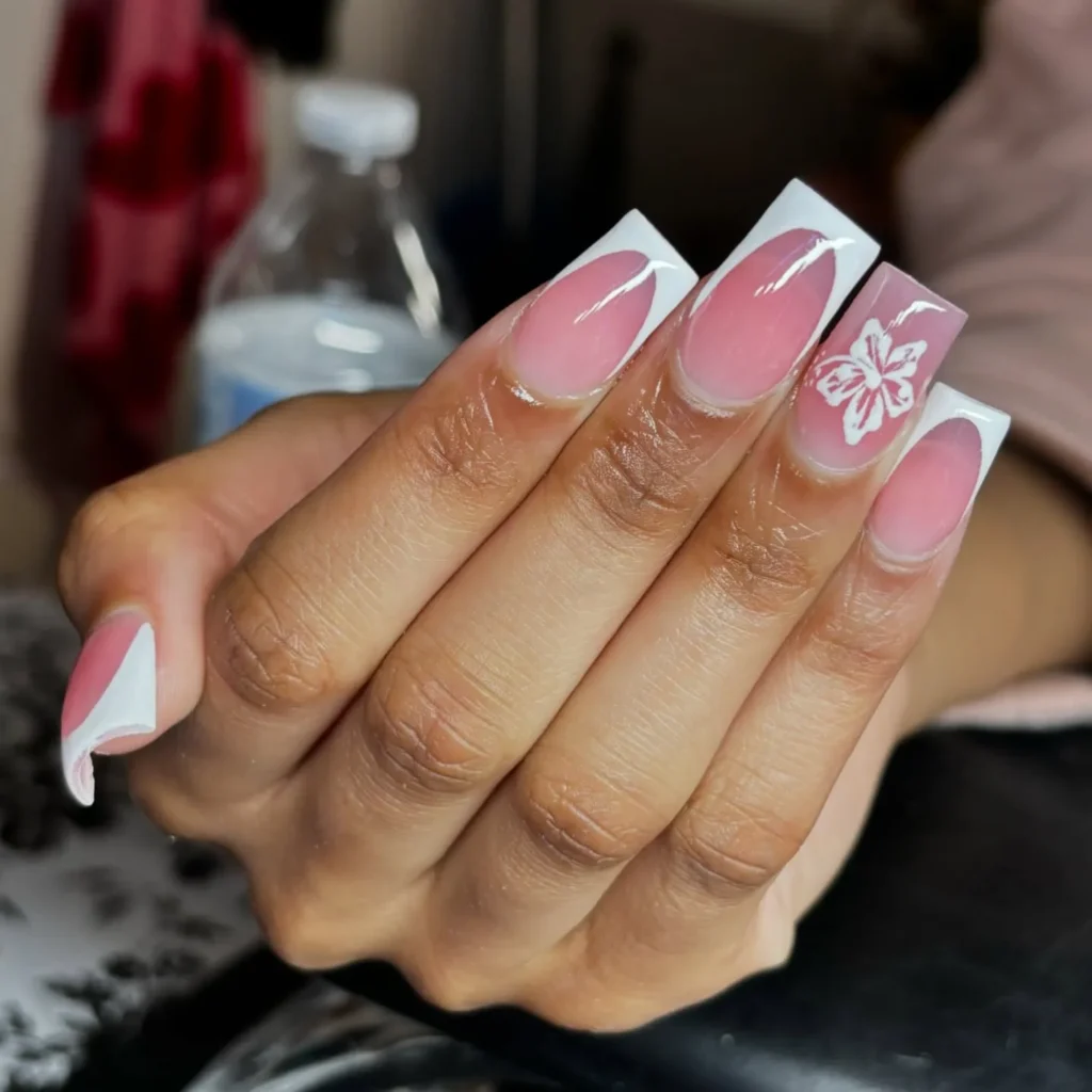 white french tip nail designs with hibiscus flower
