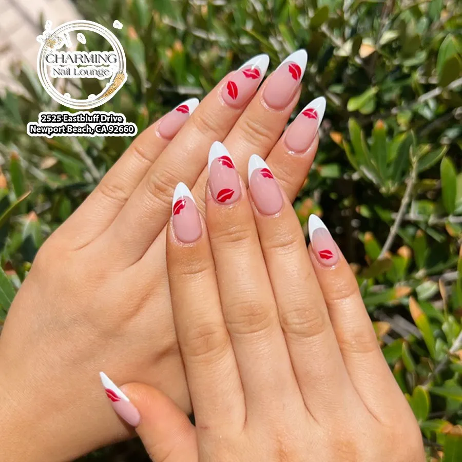 white french tip nail designs with kiss or lip accent