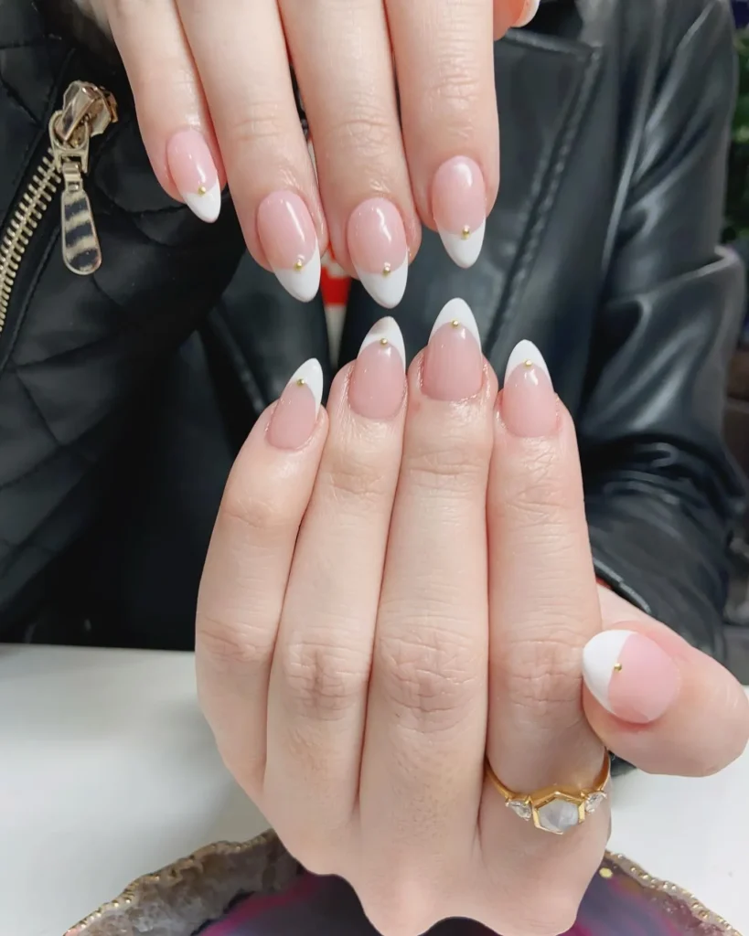white french tip nail designs with metallic gold dot