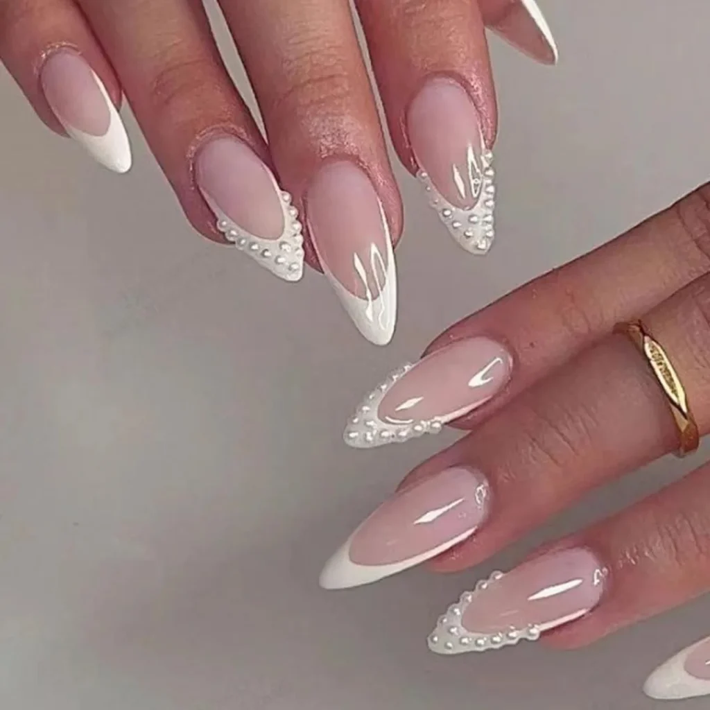 white french tip nail designs with pearl accent