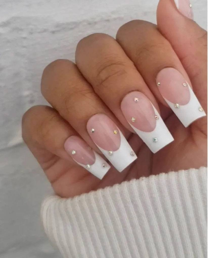 white french tip nail designs with rhinestone