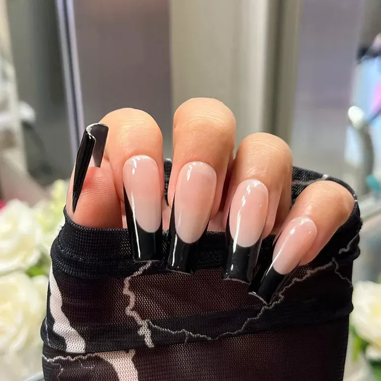 Chrome French Tip Nails 2026: 32 Designs and What to Tell Your Nail Tech 21 black chrome french tips on long coffin nails with a nude base