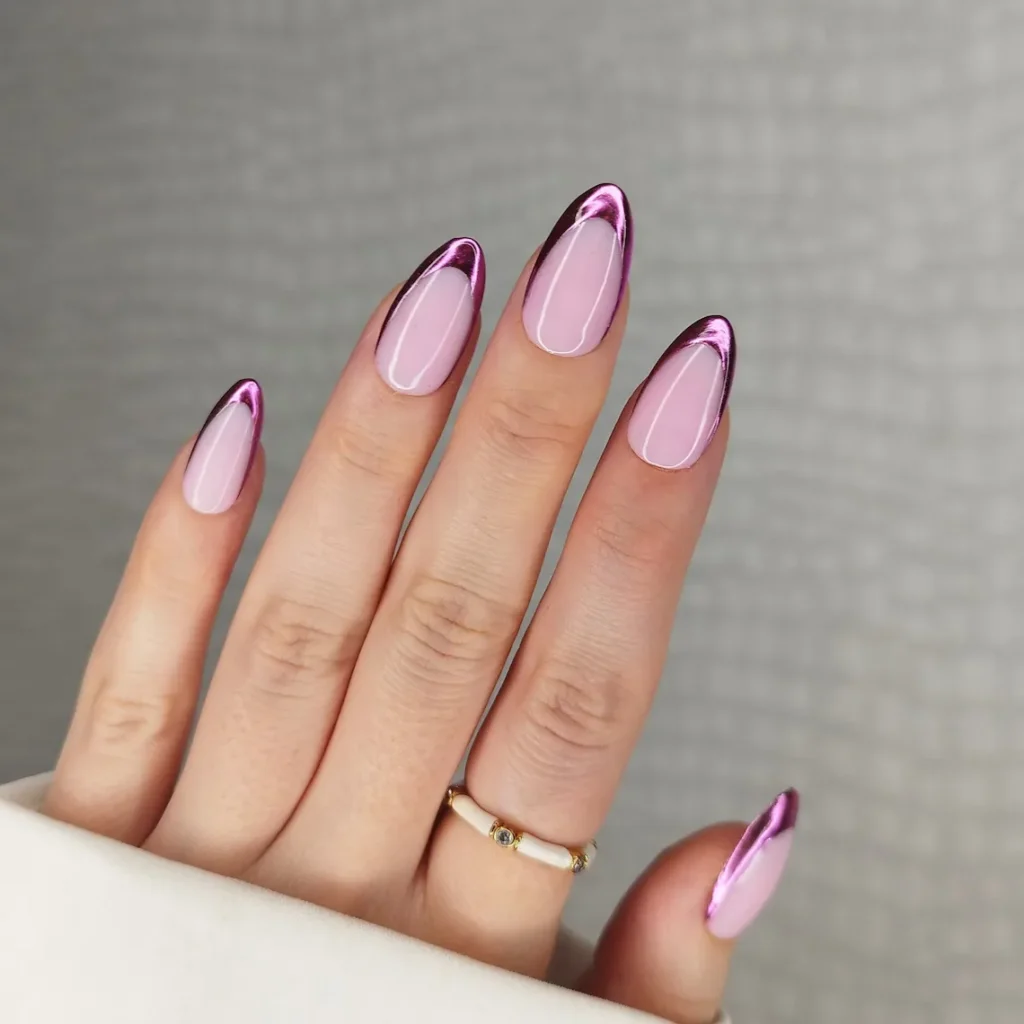 Chrome French Tip Nails 2026: 32 Designs and What to Tell Your Nail Tech 22 charcoal chrome french tips on almond nails with a pearl pink base