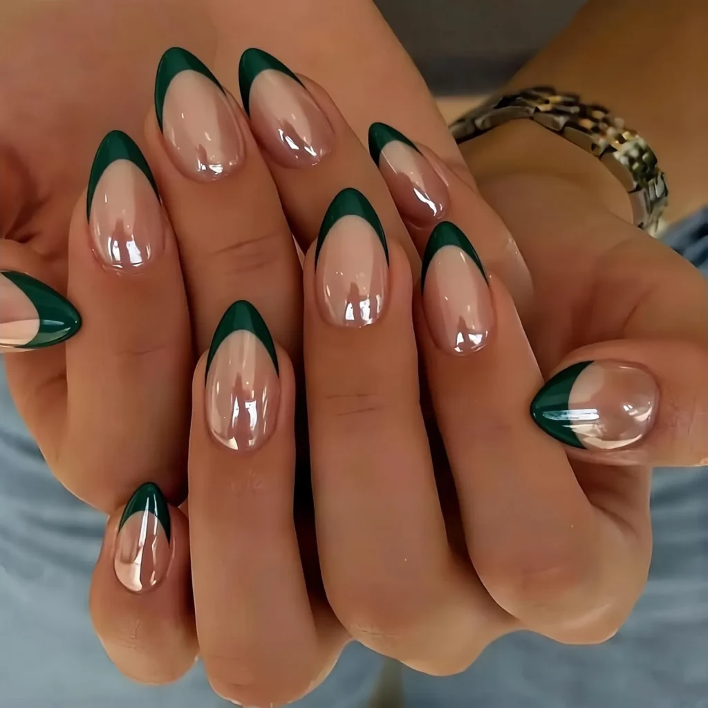 Chrome French Tip Nails 2026: 32 Designs and What to Tell Your Nail Tech 24 emerald green chrome french tips on short oval nails with a nude base