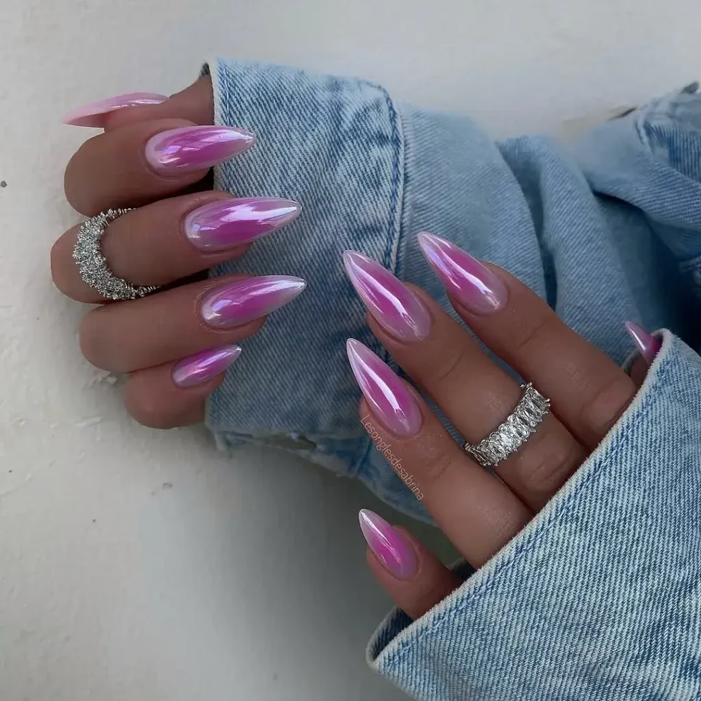 Chrome French Tip Nails 2026: 32 Designs and What to Tell Your Nail Tech 9 glazed chrome gradient tips fading into a pale pink base on almond nails
