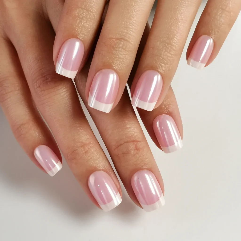 Chrome French Tip Nails 2026: 32 Designs and What to Tell Your Nail Tech 26 holographic chrome french tips on square nails with a neutral base
