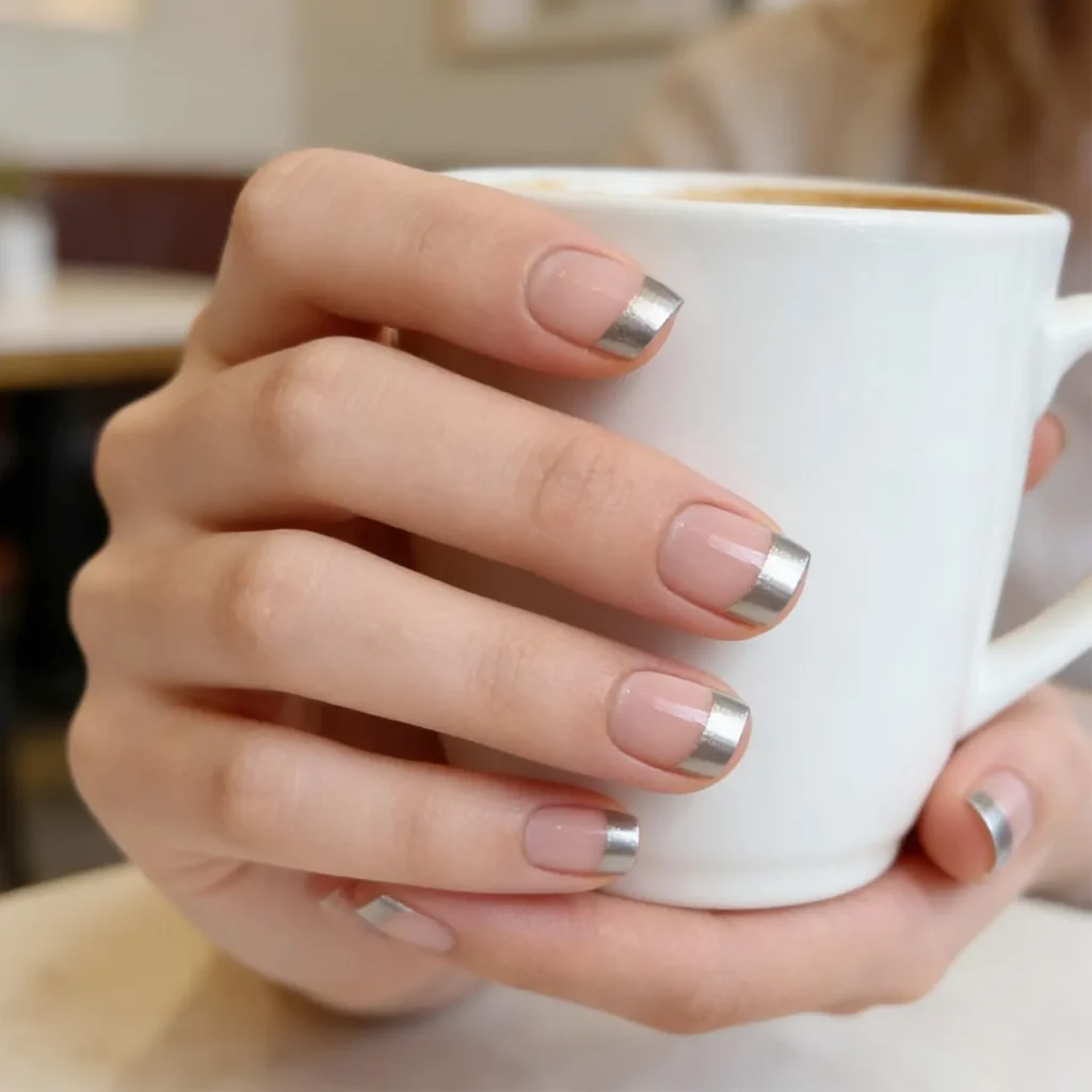 Chrome French Tip Nails 2026: 32 Designs and What to Tell Your Nail Tech 27 micro silver chrome french tips on short square nails with a sheer nude base